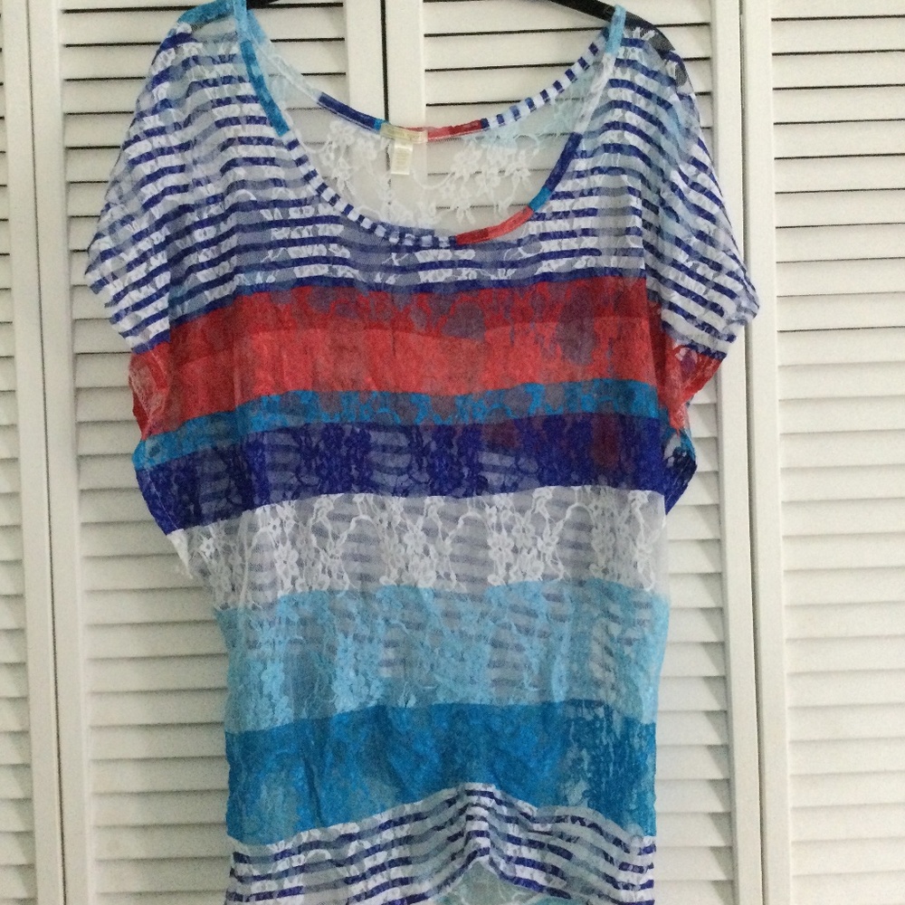 Lace Red White & Blue Sheer Top
